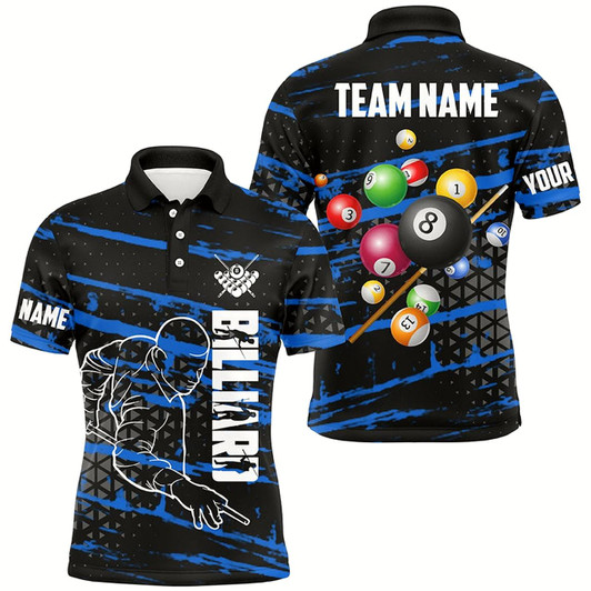 Goofygear Personalized Blue Grunge Billiard 3D Polo Shirts For Men, Billiard Jerseys Team Player