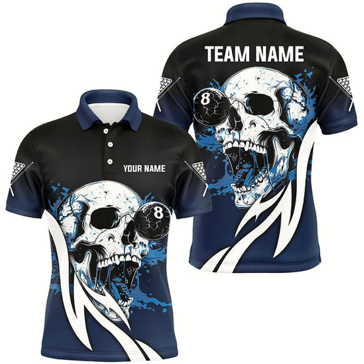Goofygear Funny Blue Billiard Skull 8 Ball Pool Custom Men Polo Shirts, Billiard Team Jerseys