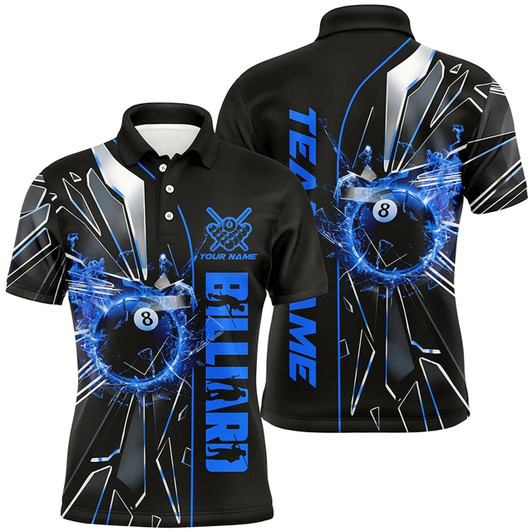 Goofygear Personalized Blue Glass Crack 8 Ball Billiard Men Polo Shirts, 8 Ball Pool Jerseys