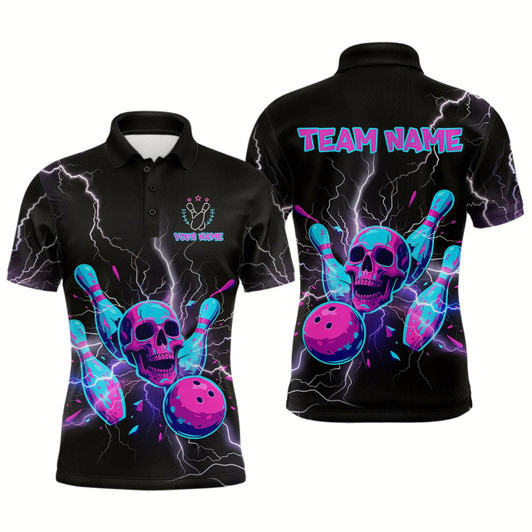 Goofygear Custom Thunder Skull Flame Bowling Men Polo Shirts Bowling Team Jerseys