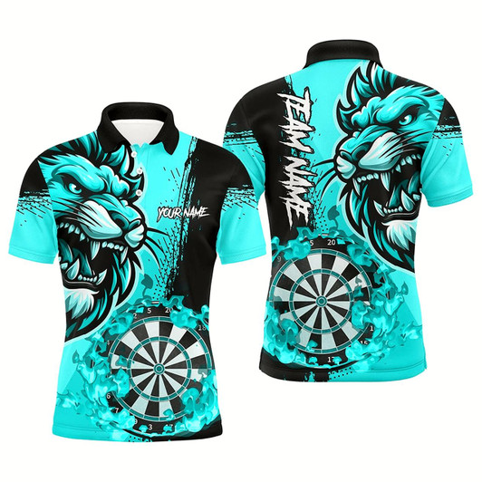 Goofygear Turquoise Funny Darts Flame Lion Custom Polo , Personalized Men Dart Shirts Dart Jerseys