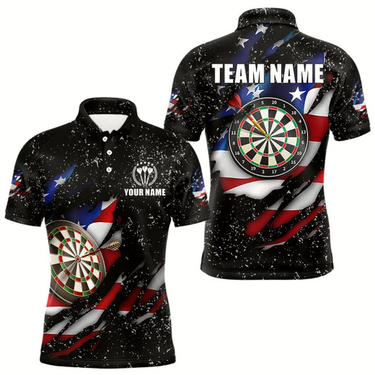 Goofygear American Flag Black Grunge Dart Polo Shirts Custom Patriotic Dart Shirts For Men
