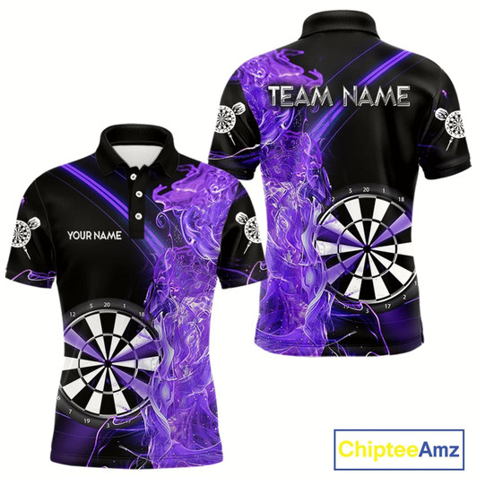 Goofygear Custom Black And Purple Flame Darts Shirts For Men, Darts Team Jerseys Polo Uniform
