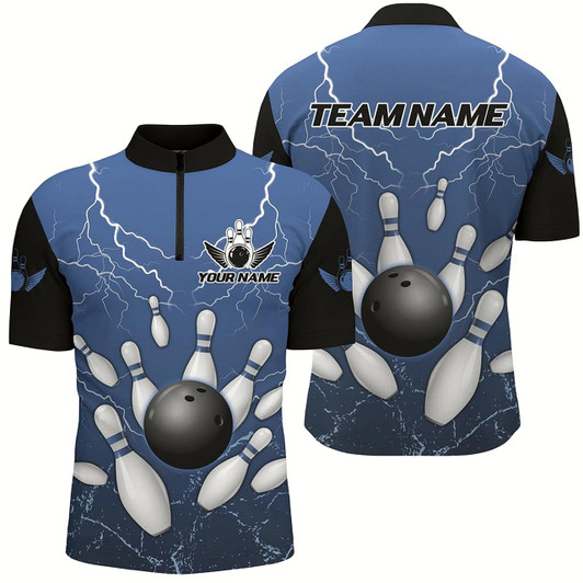 Goofygear Black And Blue Grunge Lightning Thunder Bowling Polo Shirt For Men Custom Bowling Team Jersey