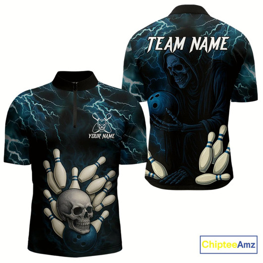 Goofygear Blue Thunder Lightning Skull Reaper Bowling Polo Shirts For Men Custom Team Bowling Jerseys