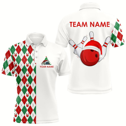 Goofygear Christmas Bowling Polo Shirts For Men Custom Red, White, Green Argyle Pattern Bowling Jersey Style 1