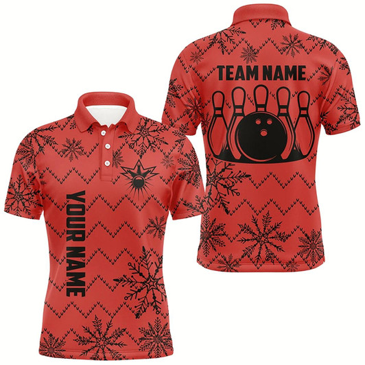 Goofygear Red Ugly Christmas Snowflake Pattern Men Bowling Polo Shirts Custom Xmas Team Bowling Jersey