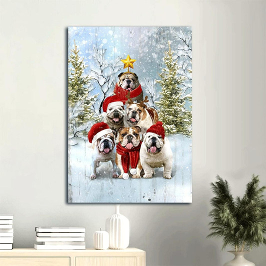 Canvas Wall Art Featuring English Bulldog With Christmas Tree And The Message The Happy Christmas Tree For English