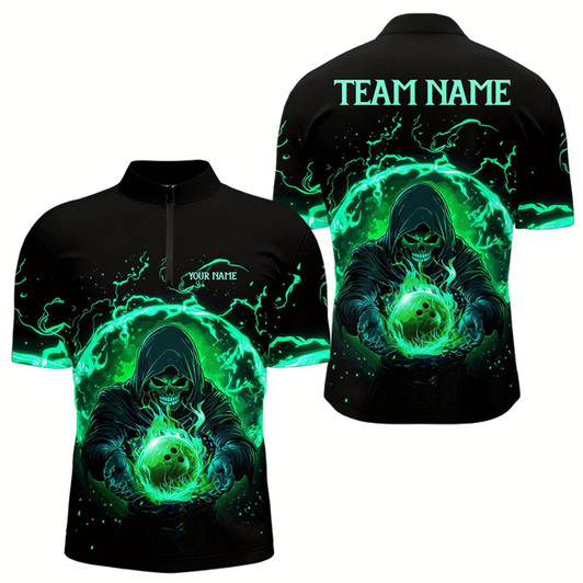 Goofygear Black And Green Flame Skull Bowling Polo Shirt For Men Custom Skull Bowling Team Jerseys Style 1