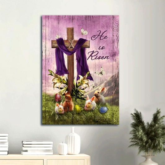 Canvas Wall Art Featuring Easter Bunny Cross Symbol Lily Flower White Butterfly And The Message He Is Risen Christian