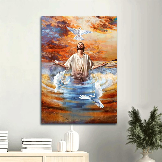 Canvas Wall Art Featuring Picture Of Jesus Baptism With Doves And The Message Baptism Christian Gift