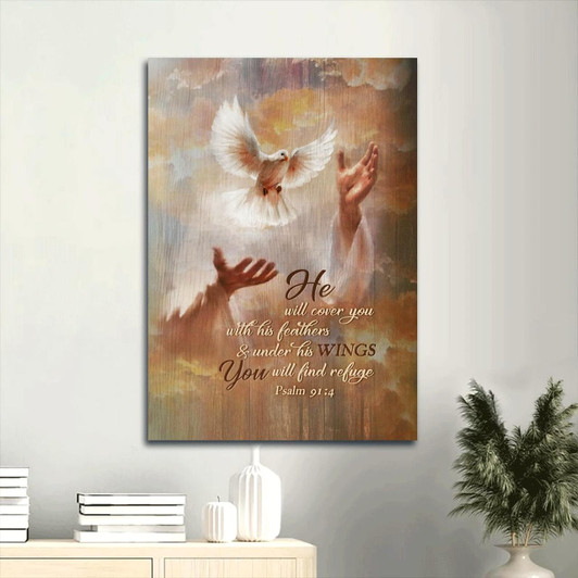 Canvas Wall Art Featuring Dove Drawing With Jesus’s Hand And The Message He Will Cover You With His Feathers Christian
