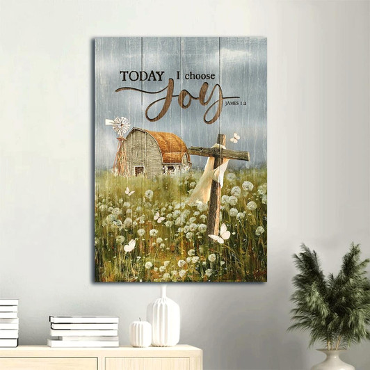Canvas Wall Art Featuring Dark Sky Wooden Cross Dandelion Field And Vintage House With The Message Today I Choose Joy