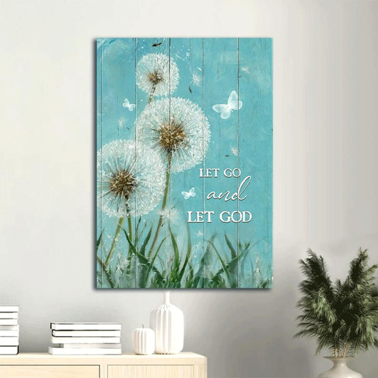 Canvas Wall Art Featuring Dandelion Painting With White Butterfly And The Message Let Go And Let God Christian Gift
