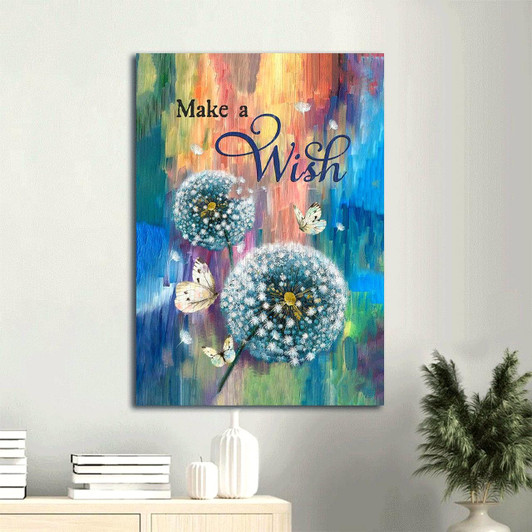 Canvas Wall Art Featuring Dandelion With Rainbow Background And The Message Make A Wish Christian Gift