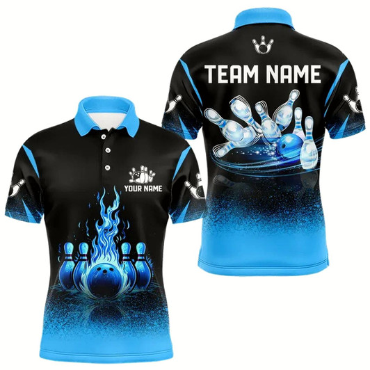 Goofygear Black And Blue Flame Bowling Polo Shirts For Men Custom Bowling Team League Jerseys