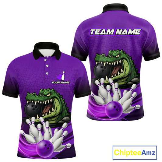 Goofygear Funny Purple Alligator Bowling Polo Shirts For Men Custom Team Bowling League Jersey