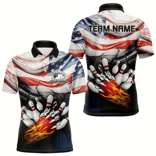 Goofygear American Flag Flame Bowling Polo Shirts For Men Custom Patriotic Bowling Team Jersey