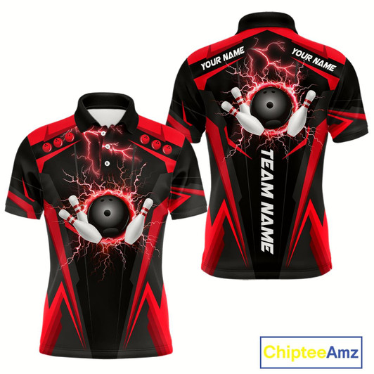 Goofygear Black Mens Bowling Polo Shirt Custom Lightning Thunder Team League Bowling Jerseys Red