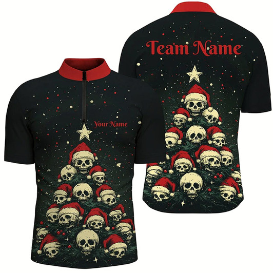 Goofygear Funny Skull Christmas Tree Mens Bowling Polo Shirts Custom Xmas Team Bowling Jerseys