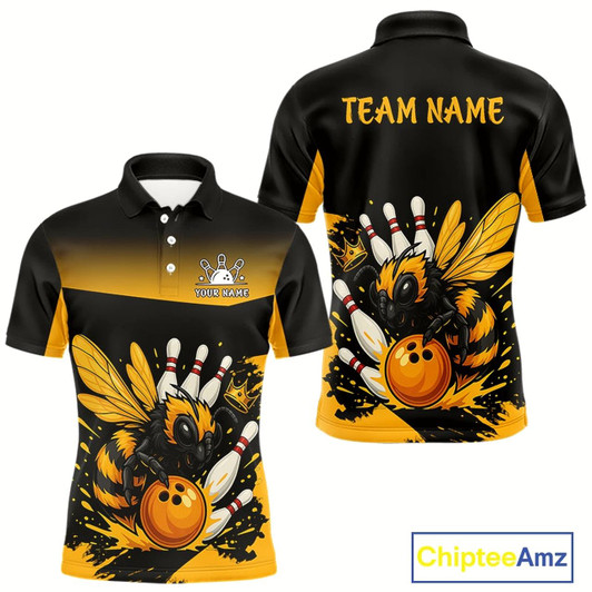 Goofygear Custom Black And Yellow Bee Bowling Polo Shirts For Men, Bee Bowling Team Bowlers Outfit