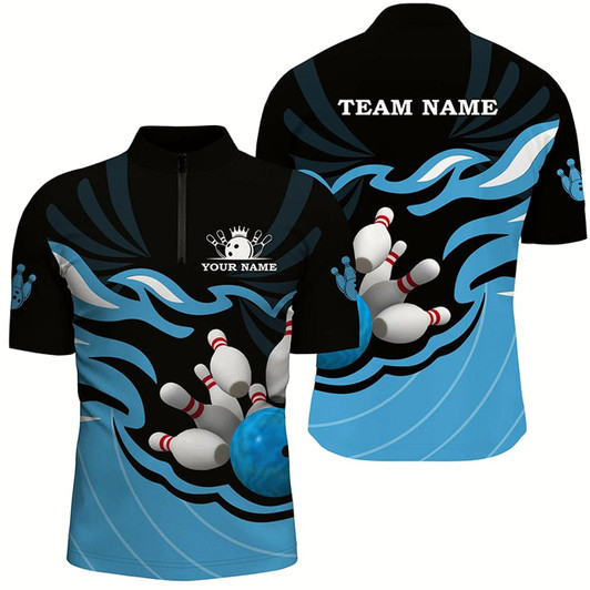 Goofygear Black And Blue Mens Polo Bowling Shirt Custom Bowling Ball Pins Team League Jerseys