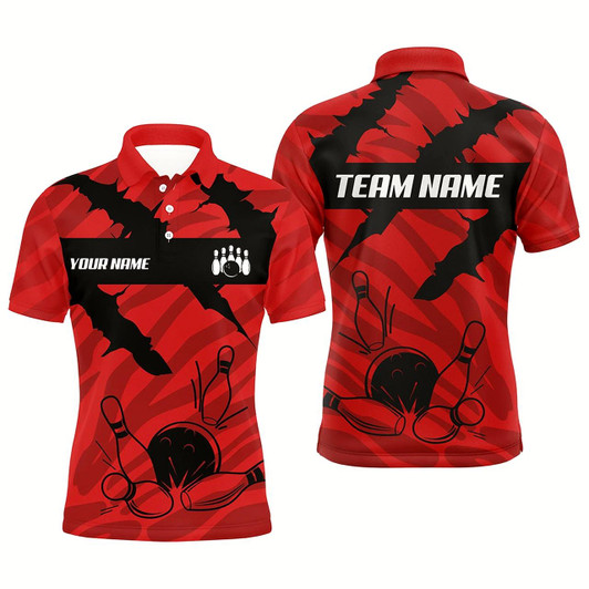 Goofygear Black And Red Camo Mens Bowling Polo Shirts Custom Team Bowling Jerseys, Gift For Bowlers