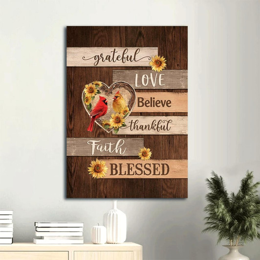 Cardinal Couple In A Heart Shape Surrounded By Sunflowers With The Messages Grateful Love And Believe Perfect For
