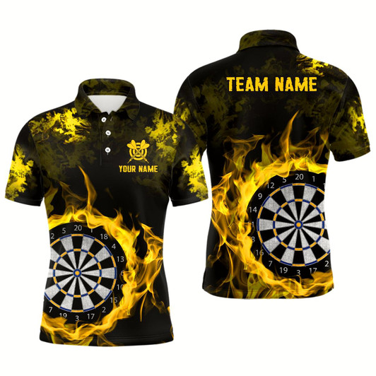 Goofygear Fire Flame Yellow Dartboard Men Dart Polo Shirt Custom Dart Shirt For Team Dart Jersey