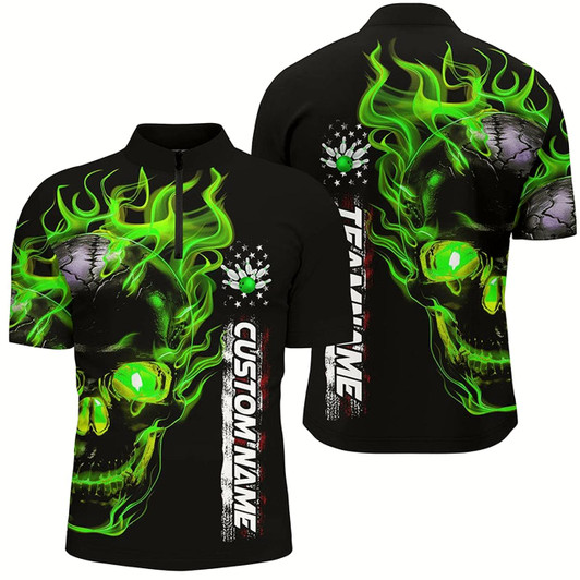 Goofygear Custom Green Flame Skull Bowling Team Shirts, Bowling Polo Shirts For Men