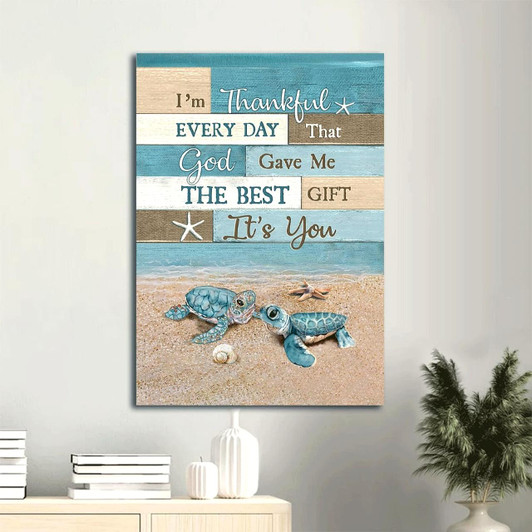 Blue Sea Turtle Couple Painting With Ocean And Starfish Expressing The Message I'M Thankful Every Day That God Gave Me