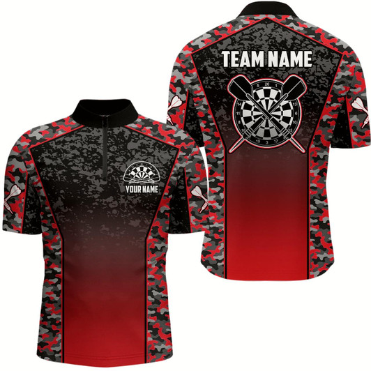 Goofygear Personalized Camo Red Dart Quarter-Zip Shirts For Men Custom Dart Jerseys Mens Dart Team Shirts