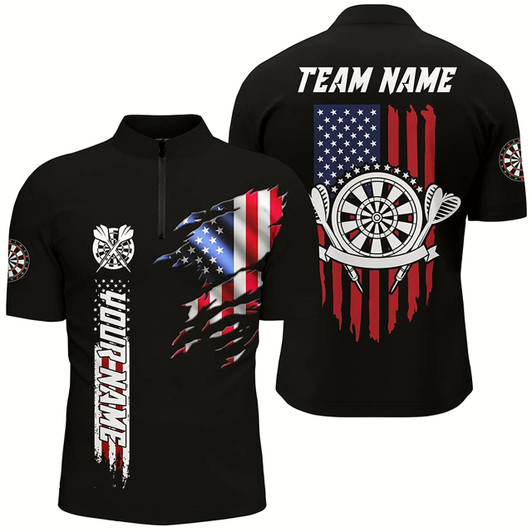 Goofygear Personalized Retro American Flag Darts Men Quarter-Zip Shirt Custom Patriotic Darts Jersey