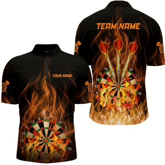 Goofygear Fire Flame Dartboard Mens Darts Quarter-Zip Shirt Custom Dart Shirts For Men Dart Jerseys