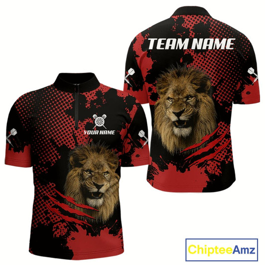 Goofygear Grunge Lion Dartboard Custom Quarter-Zip Shirt For Men - Darts Team Jersey