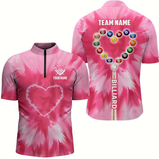 Goofygear Personalized Pink Tie Dye Heart Billiard Men Quarter-Zip Shirt, Billiard Valentines Shirts