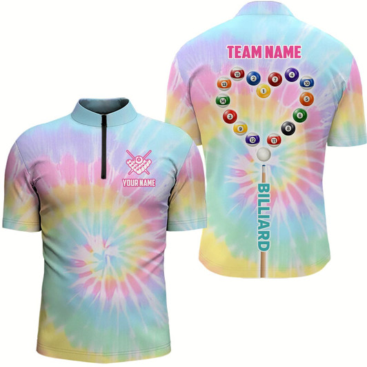 Goofygear Custom Colorful Tie Dye Heart Billiard Men Quarter-Zip Shirts, Unique Billiard Shirt Gifts