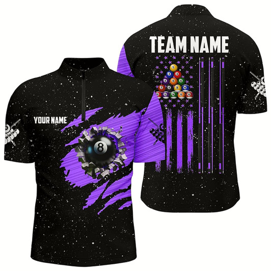 Goofygear Customized Grunge American Flag 8 Ball Pool Men Quarter-Zip Shirt Pool Player Shirt Purple