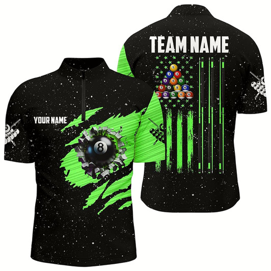 Goofygear Customized Grunge American Flag 8 Ball Pool Men Quarter-Zip Shirt Pool Player Shirt Green
