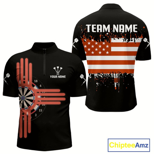 Goofygear Grunge Us Flag & Dartboard Custom Darts Quarter-Zip Shirt For Men - Darts Team Jersey