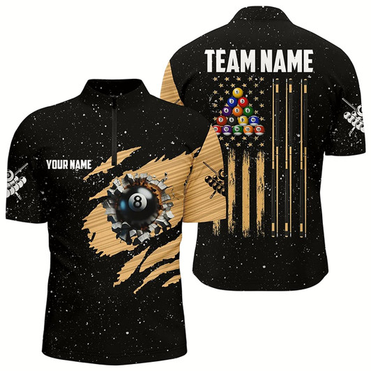 Goofygear Custom Grunge Us Flag 8 Ball Men Billiard Quarter-Zip Shirts, Patriotic Pool Player Shirts