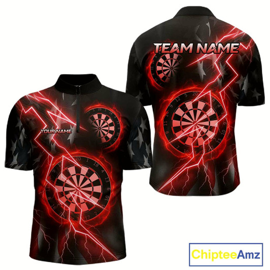 Goofygear Custom Lightning Red And Black Darts 1/4-Zip Shirt For Men Darts Tournament Jerseys Style 1