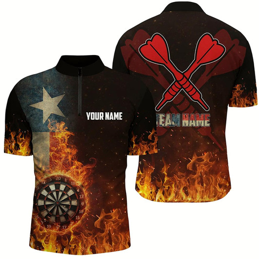 Goofygear Personalized Texas Flag Fire Dartboard Dart Quarter-Zip Shirts For Men, Patriotic Mens Dart Jerseys