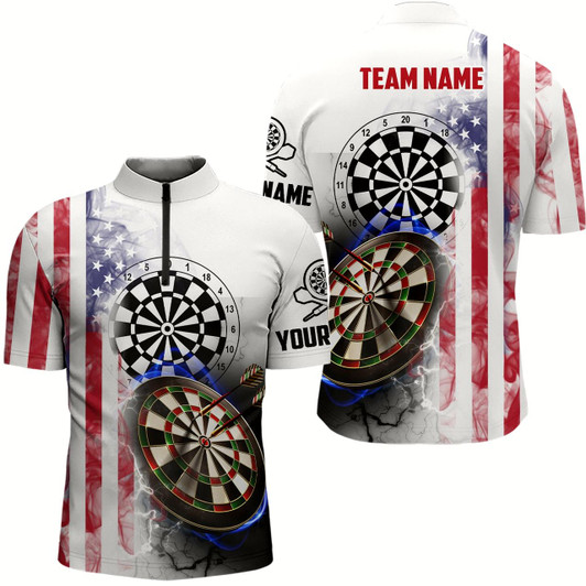 Goofygear Smoky American Flag Darts Quarter Zip Shirt Custom Patriotic Men Darts Shirt Dart Jerseys