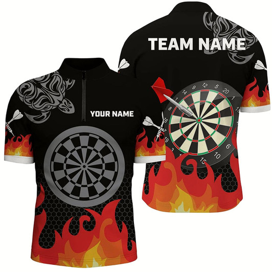 Goofygear Personalized Flame 3D Dartboard Dart Quarter-Zip Shirts For Men, Dart Shirts Custom Dart Team Jerseys