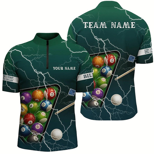 Goofygear Personalized Thunder Lightning Green Billiard Quarter-Zip Shirts For Men, Billiard Balls Shirts