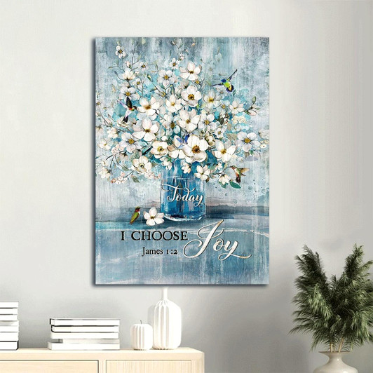 Today I Choose Joy With Jasmine Flowers In A Blue Vase And A Graceful Hummingbird Portrait Canvas With Inspiration From