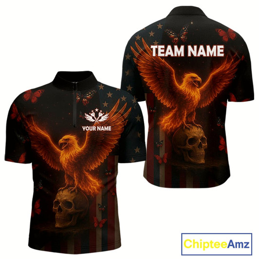 Goofygear Custom Us Flag Patriotic 1/4-Zip Dart Shirt For Men Flame Eagle Skull Dart Jersey
