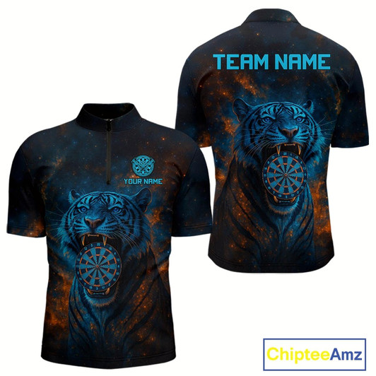 Goofygear Custom Blue Orange Galaxy Tiger Dartboard Dart 1/4-Zip Shirt For Men Dart Tournament Jerseys