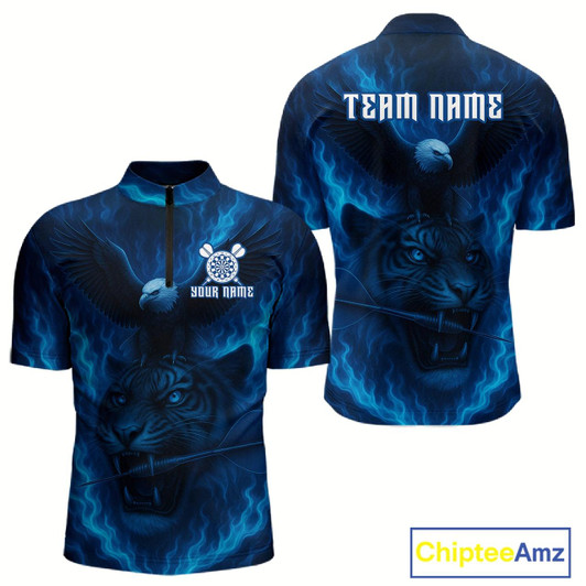 Goofygear Custom Lightning Blue Tiger Eagle Horror Dart 1/4-Zip Shirt For Men Dart Tournament Jersey